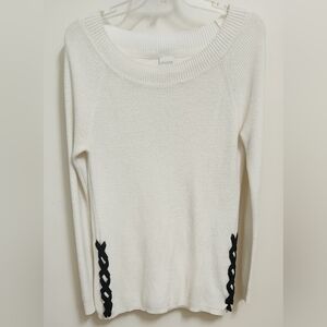 **NEW** CHICO'S Off-White Cream Black Tie Corset Sweater Size 0 Fits Like Small